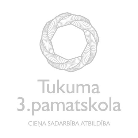 Tukuma 3. pamatskolas logo. Pelēks vainags uz balta fona. Zem skolas nosaukuma rakstīts: cieņa, sadarbība, atbildība